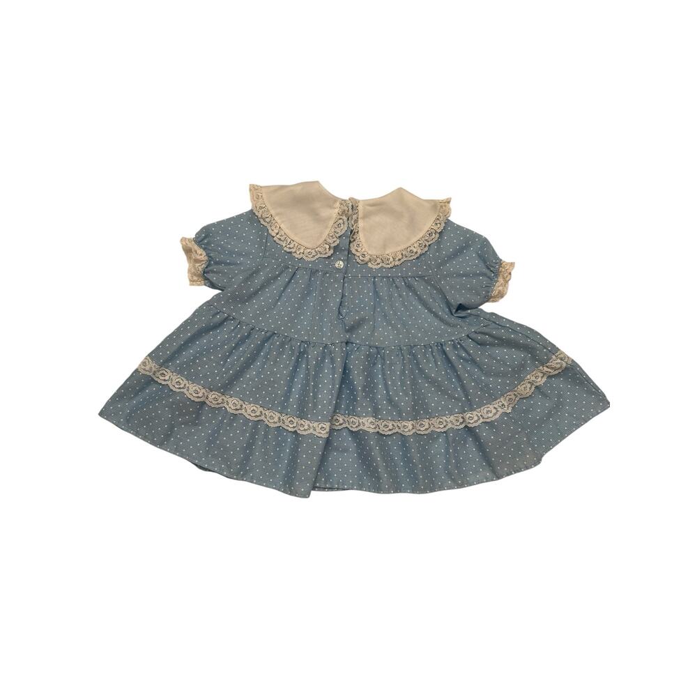 Vintage Cottagecore Blue Swiss Dot Lace Collar Baby Dress Sz 18 Months Made USA - Picture 2 of 4